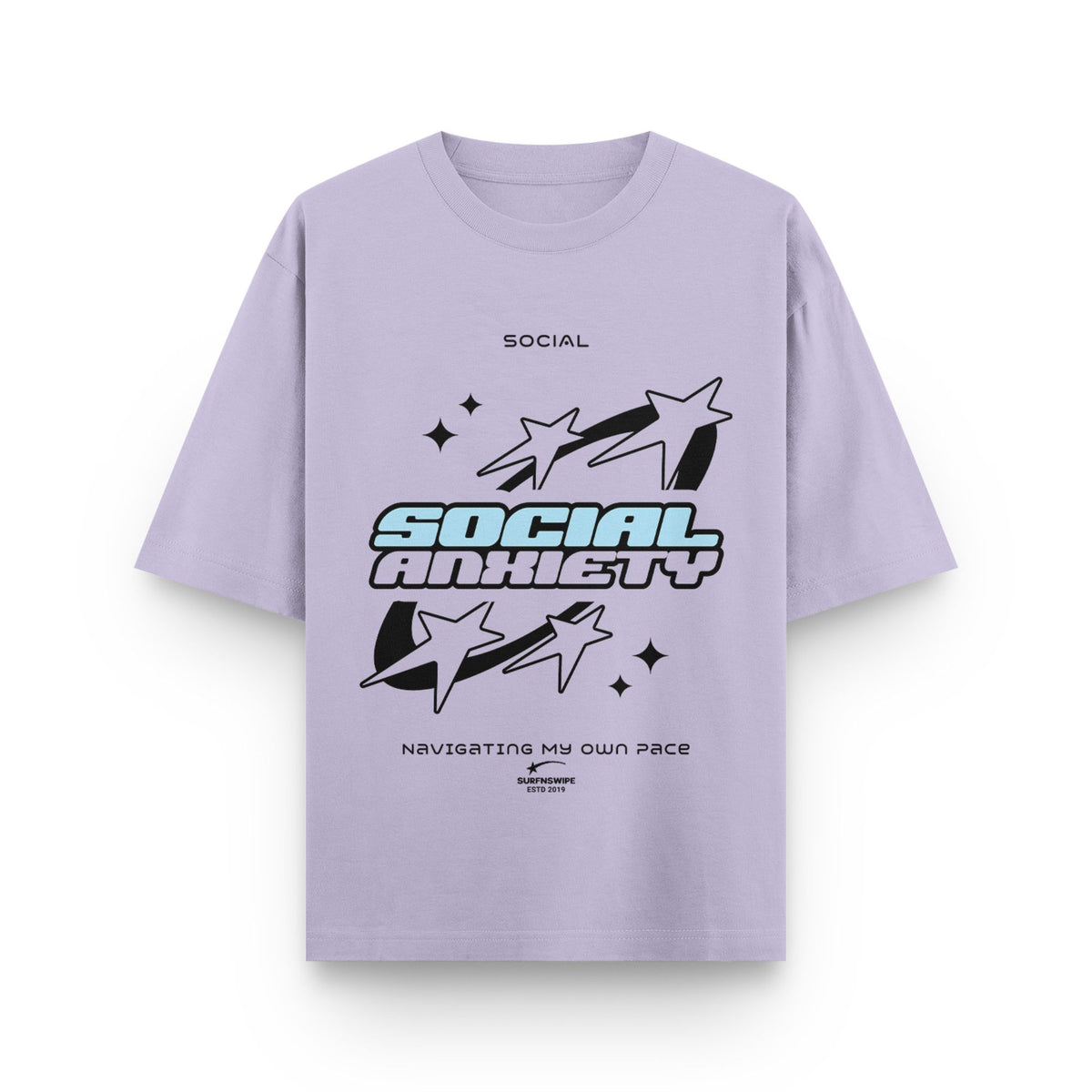Light purple t-shirt with graphic design and text on a white background