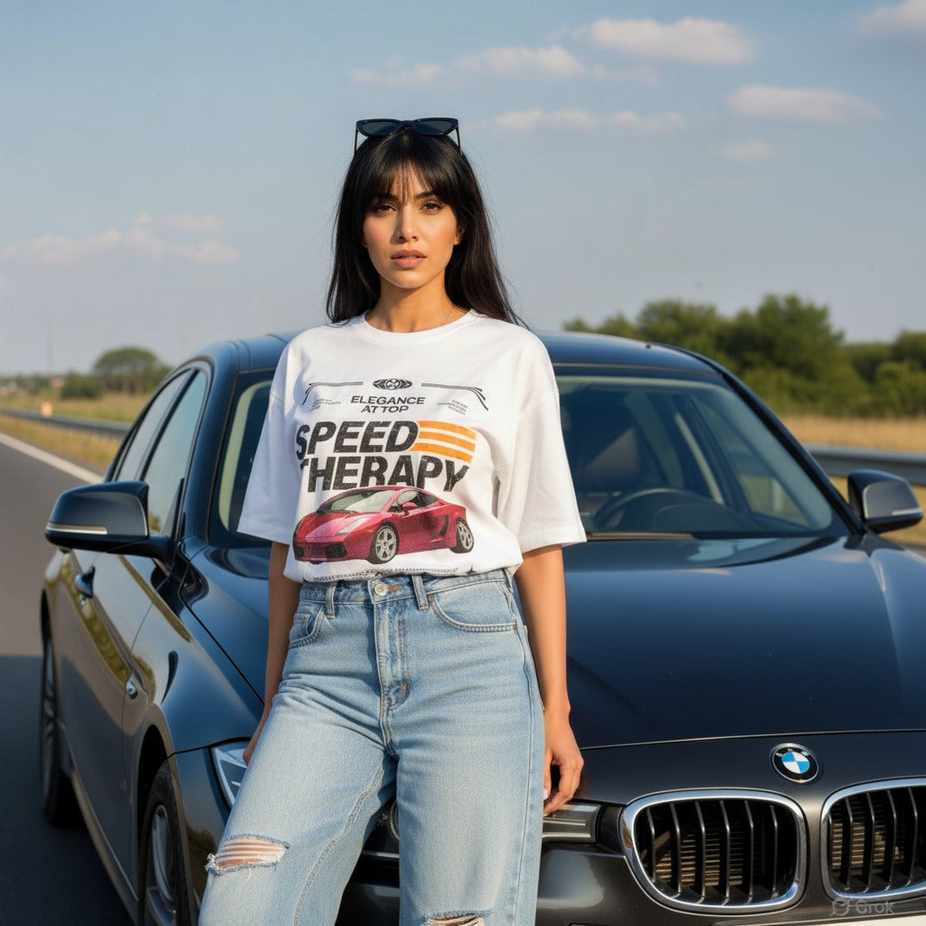 Woman wearing a 'Speed Therapy' t-shirt standing next to a BMW car on a road.