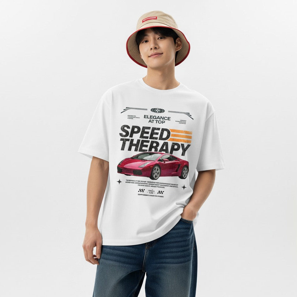 Person wearing a white t-shirt with a car graphic and text on a white background