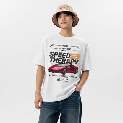 Person wearing a white t-shirt with a car graphic and text on a white background