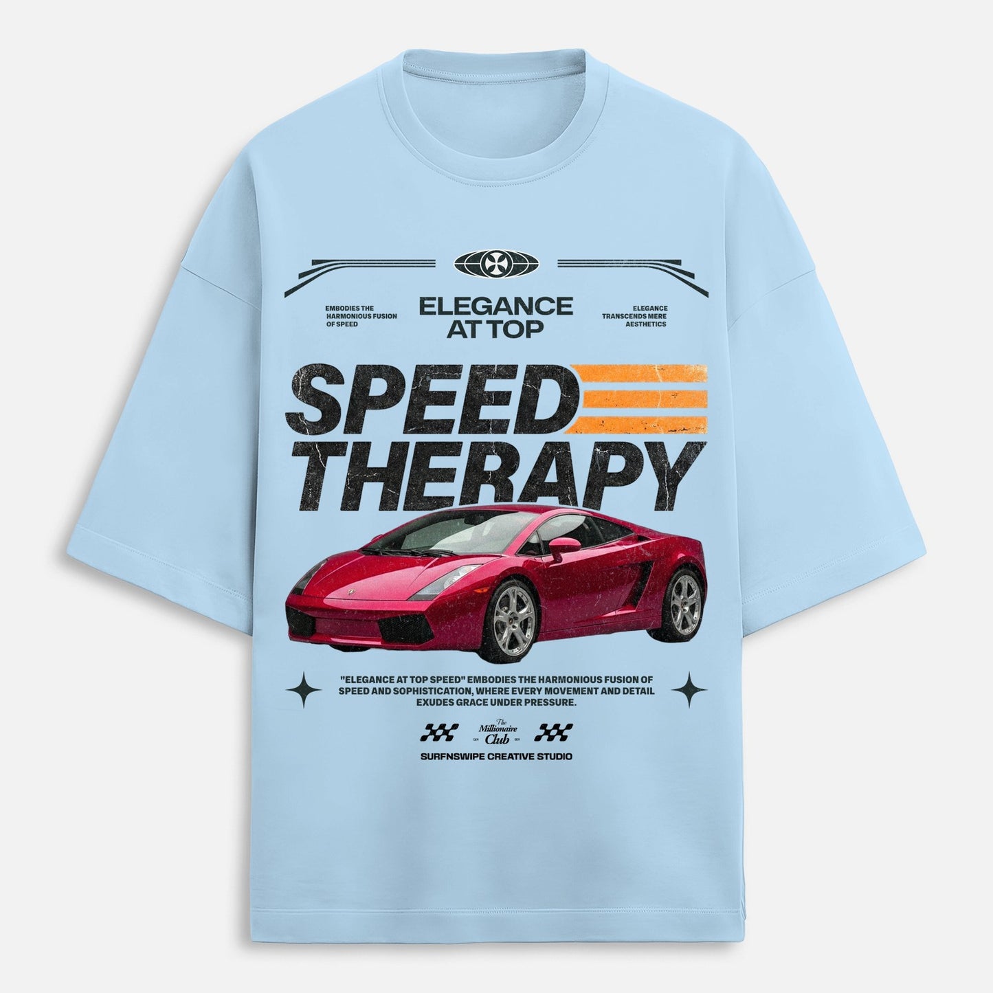 Light blue t-shirt with red car graphic and text on a white background