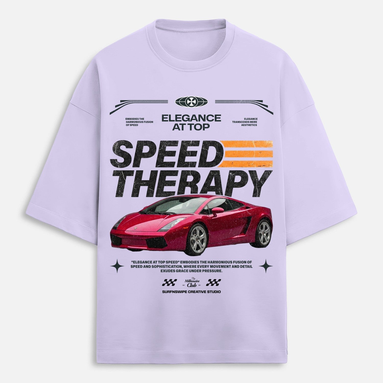 Lavender t-shirt with red car graphic and text on a white background