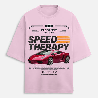 Pink t-shirt with a red car graphic and text on a white background