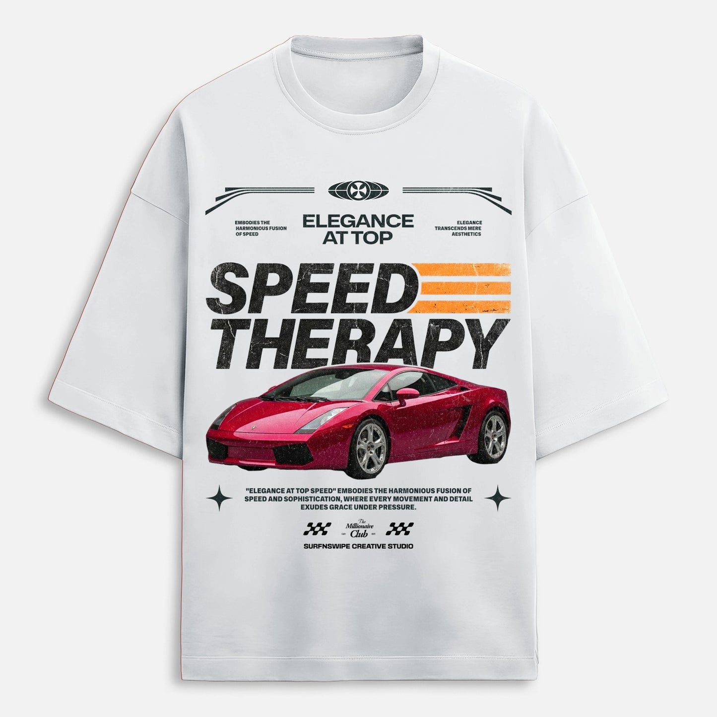White t-shirt with red sports car graphic and text on a white background