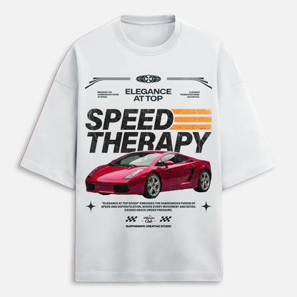 White t-shirt with red sports car graphic and text on a white background