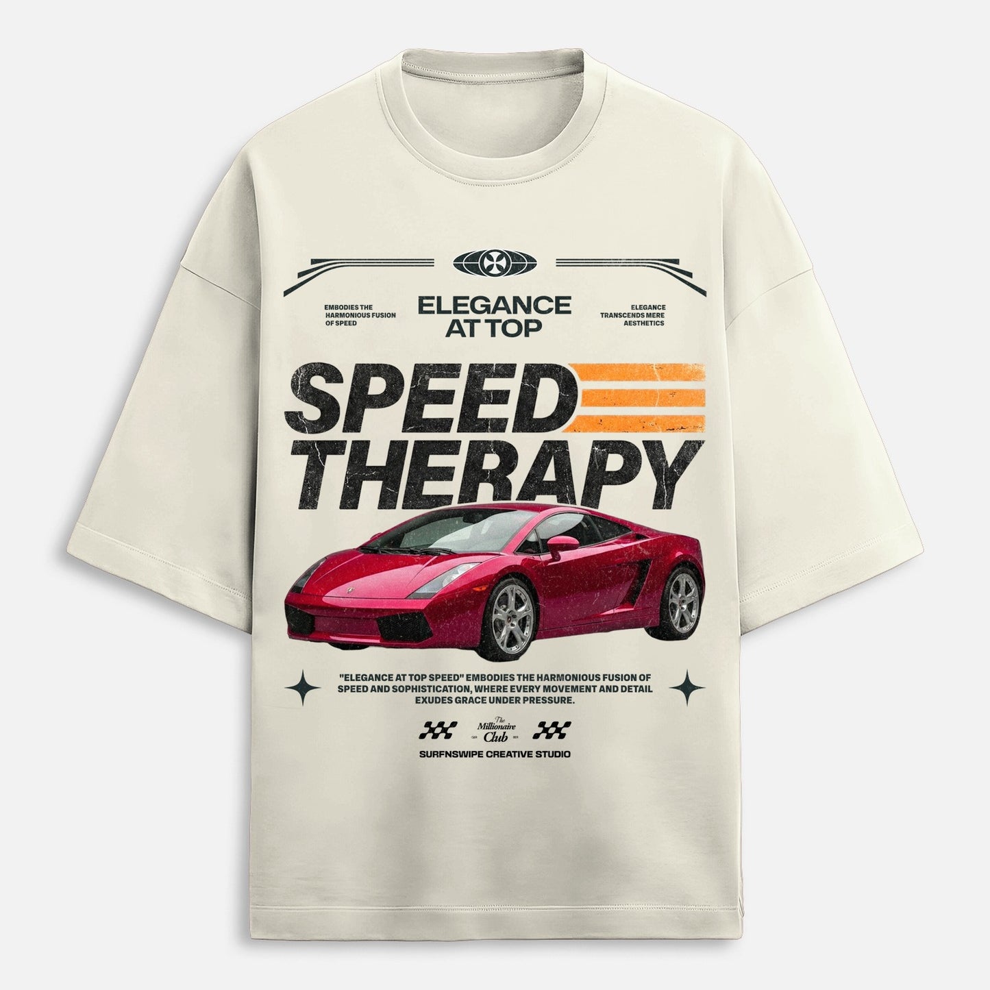 Beige t-shirt with red car graphic and 'Speed Therapy' text on a white background