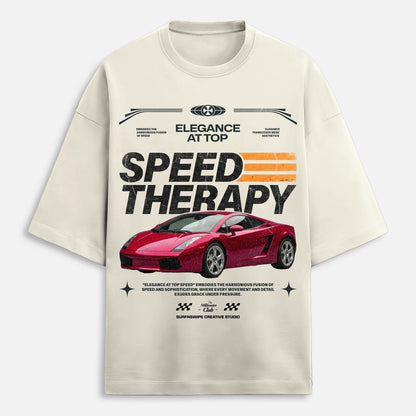 Beige t-shirt with red car graphic and 'Speed Therapy' text on a white background