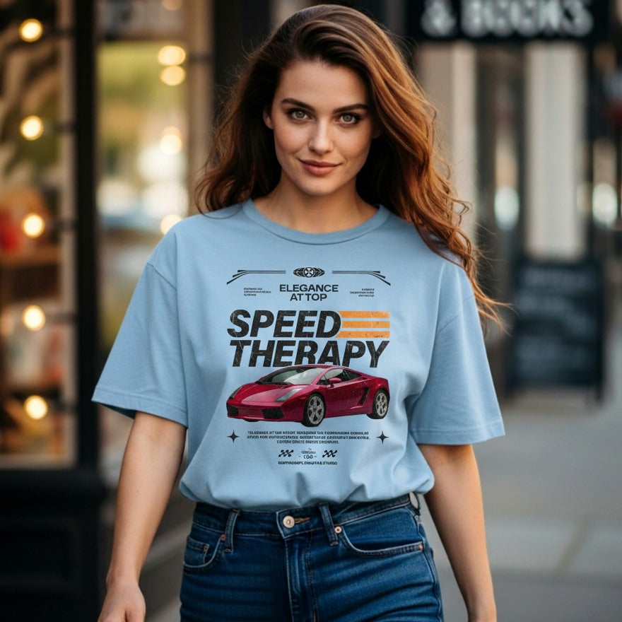 Woman wearing a light blue t-shirt with a car graphic and text in an urban setting