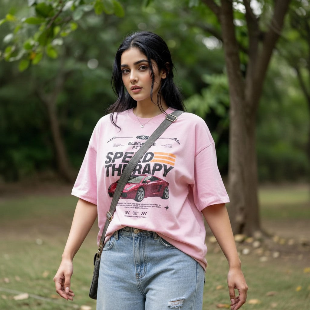 Woman wearing a pink t-shirt with a graphic design outdoors