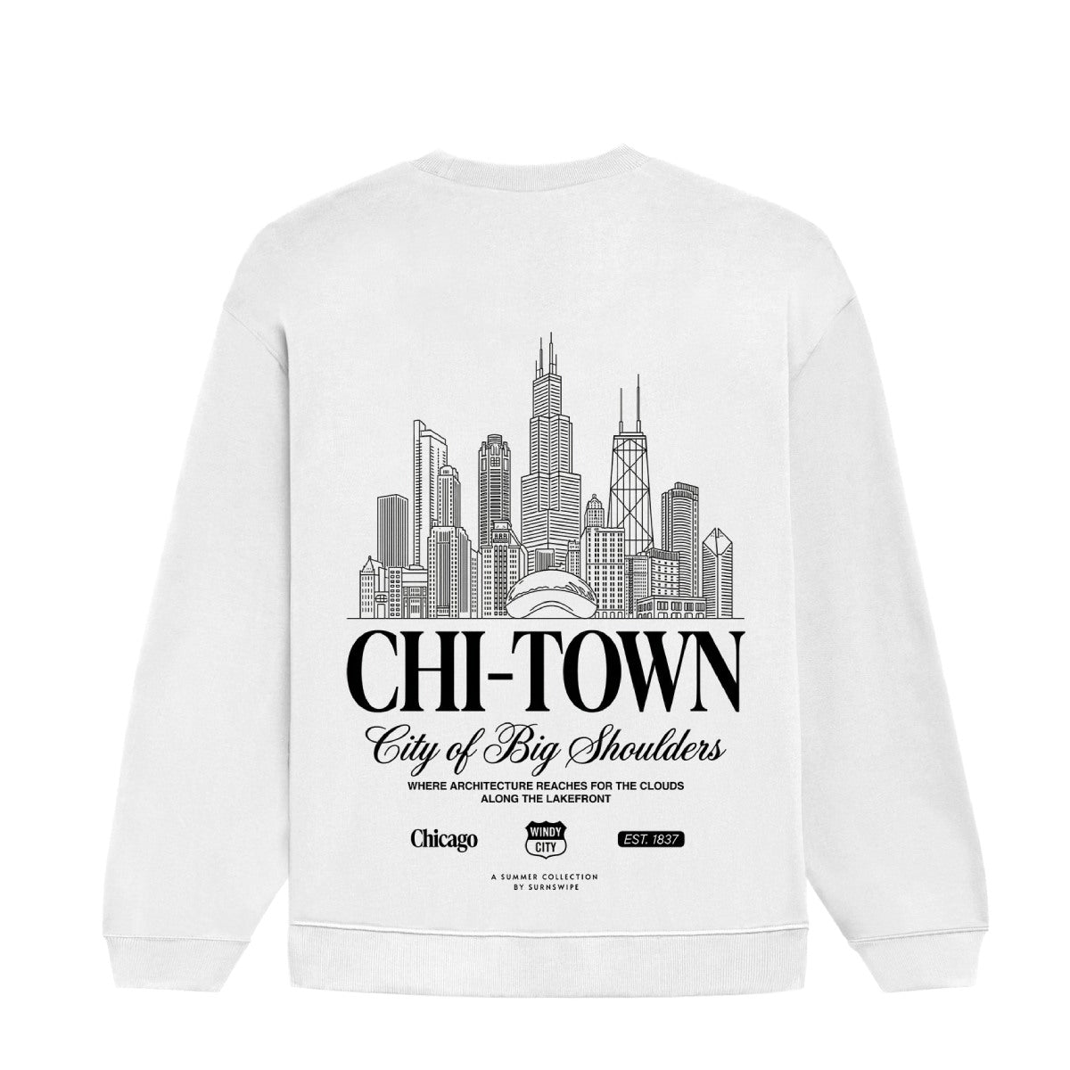 White sweatshirt with black 'CHI-TOWN' and city skyline design on a white background