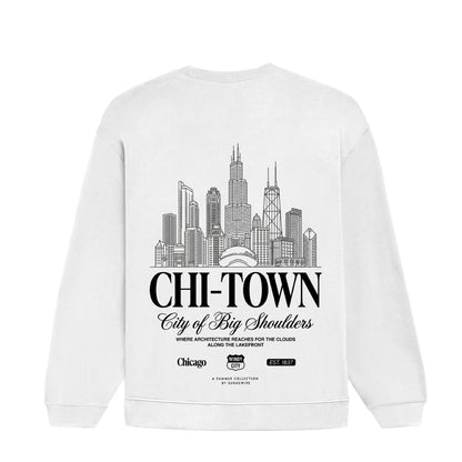 White sweatshirt with black 'CHI-TOWN' and city skyline design on a white background