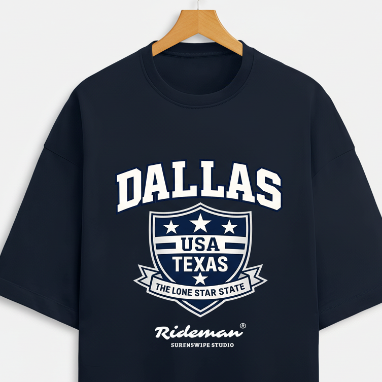 Navy blue t-shirt with 'Dallas, USA, Texas' text and logo on a white background