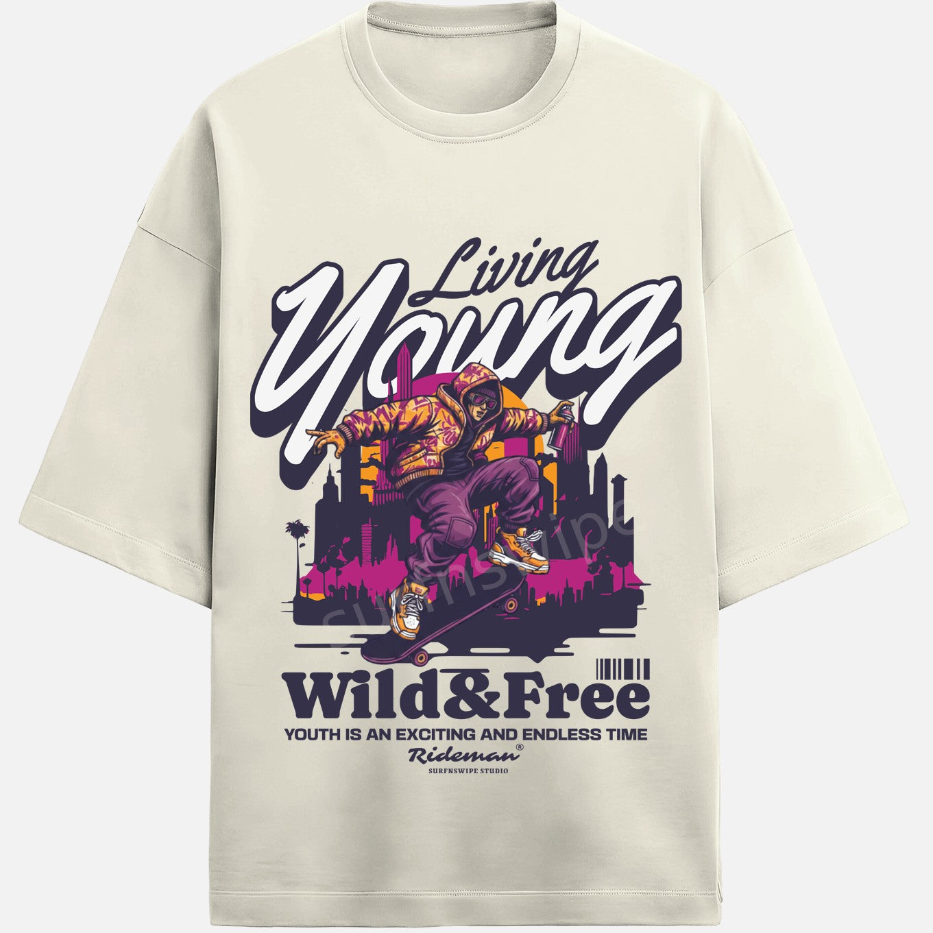 Beige t-shirt with a graphic design featuring a person on a skateboard and text 'Living Young, Wild & Free' on a white background.