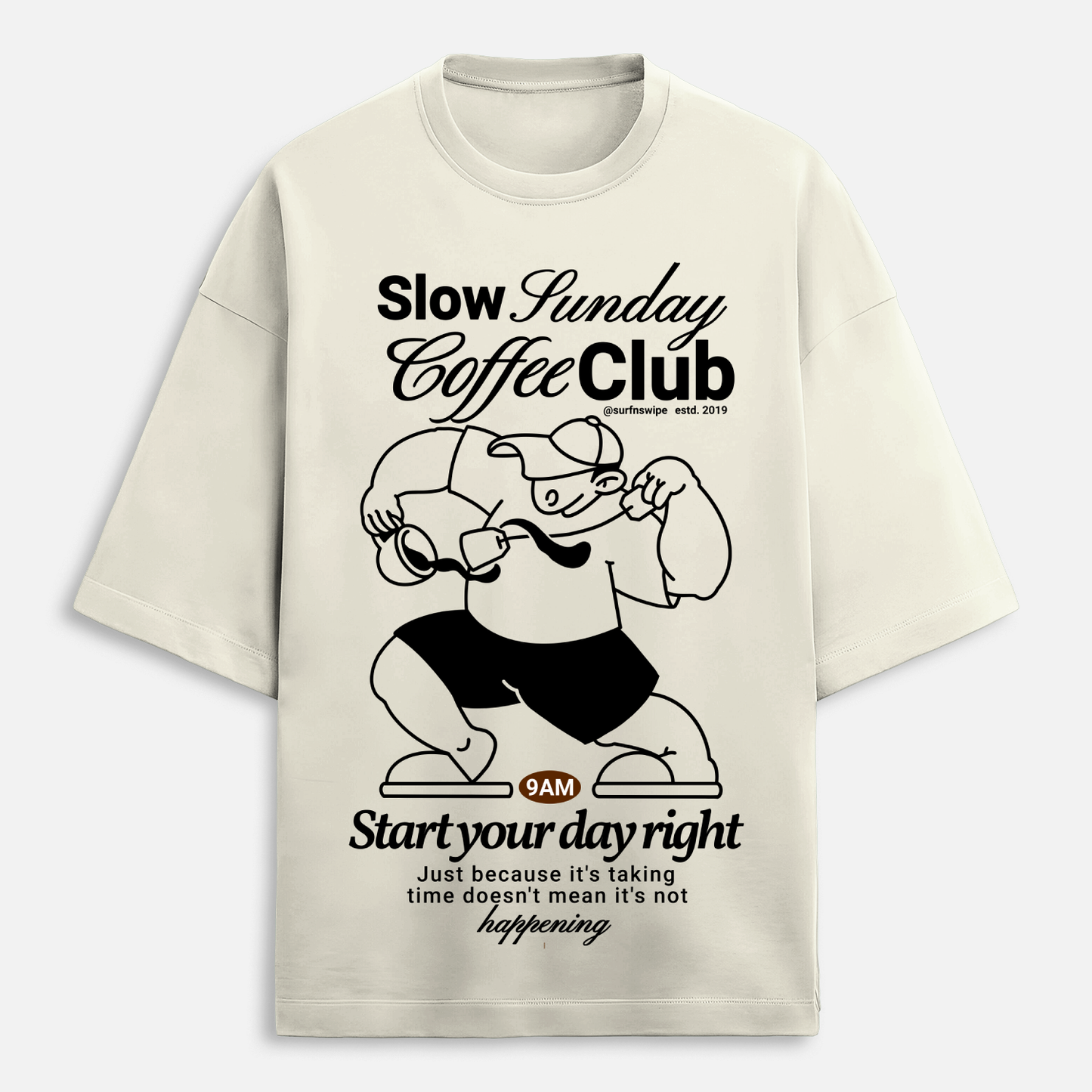 Beige t-shirt with black graphic and text on a white background