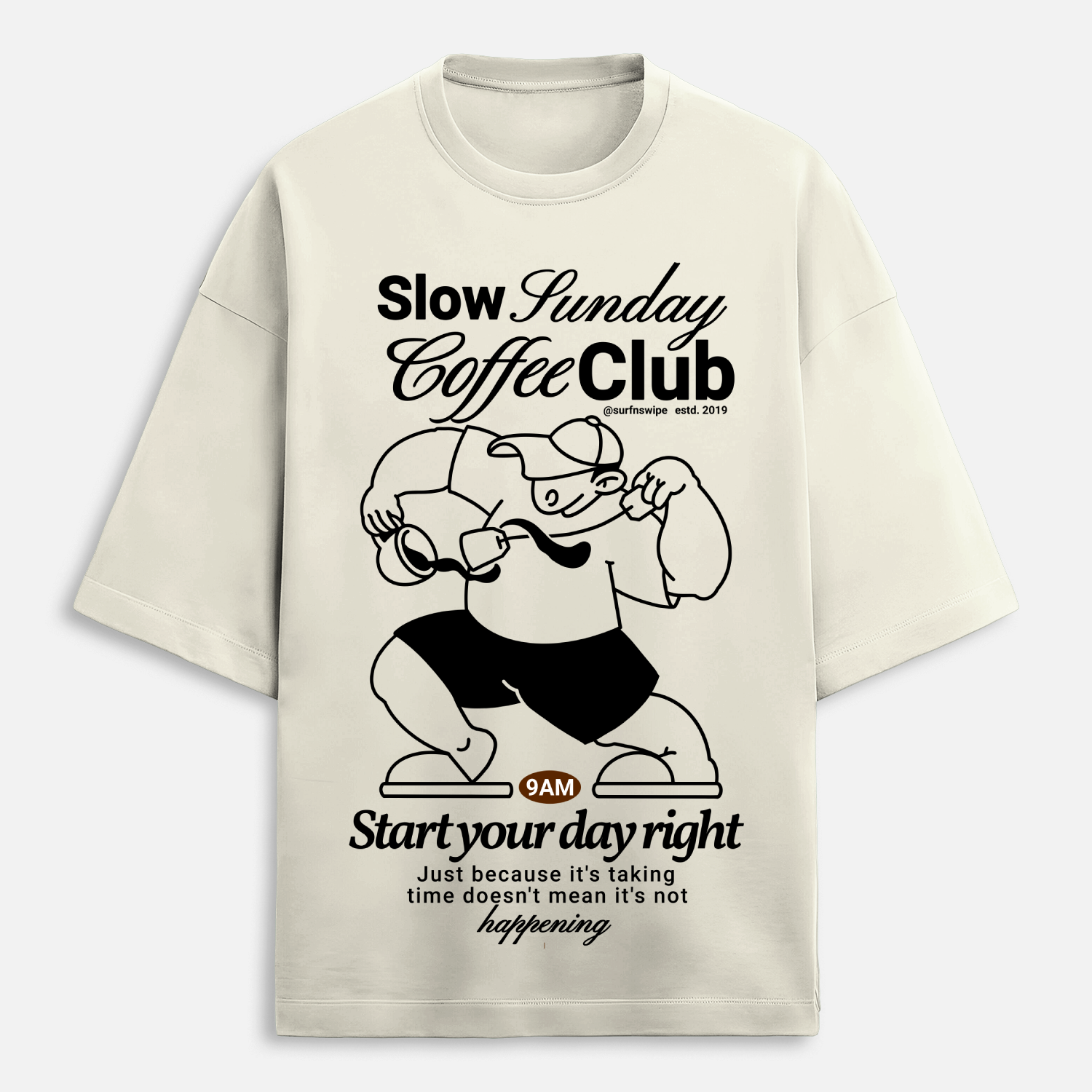 Beige t-shirt with black graphic and text on a white background