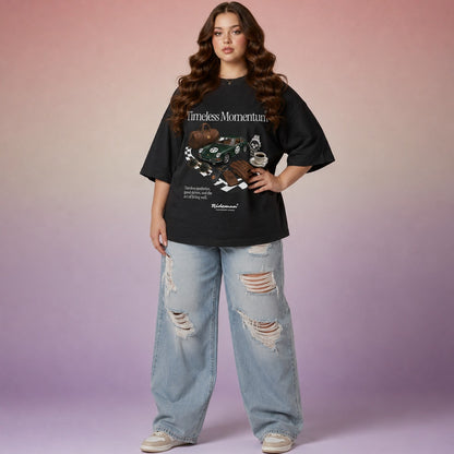 woman wearing a black Old money aesthetic oversized t-shirt and ripped jeans on a gradient background