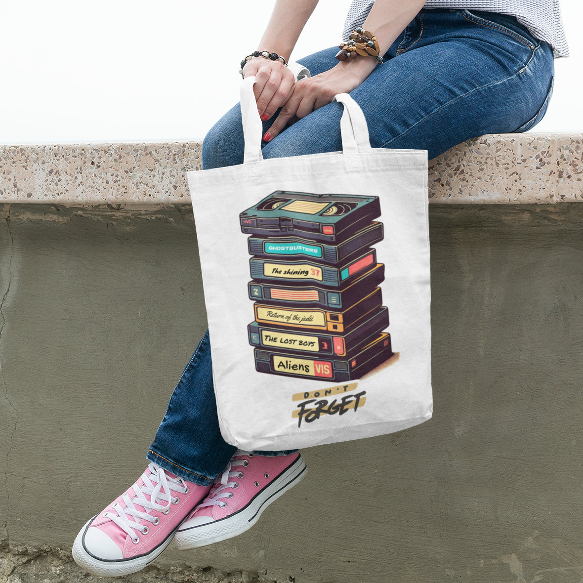 Retro Vibes on the Go: White Canvas VHS Tote Bag