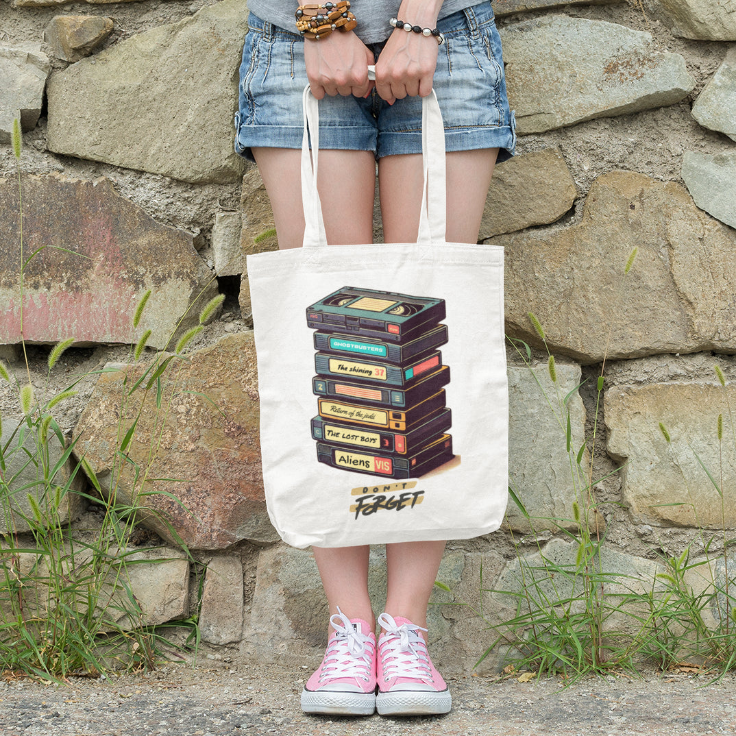 Retro Vibes on the Go: White Canvas VHS Tote Bag