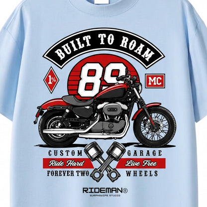 Light blue t-shirt with a motorcycle graphic and text on a white background