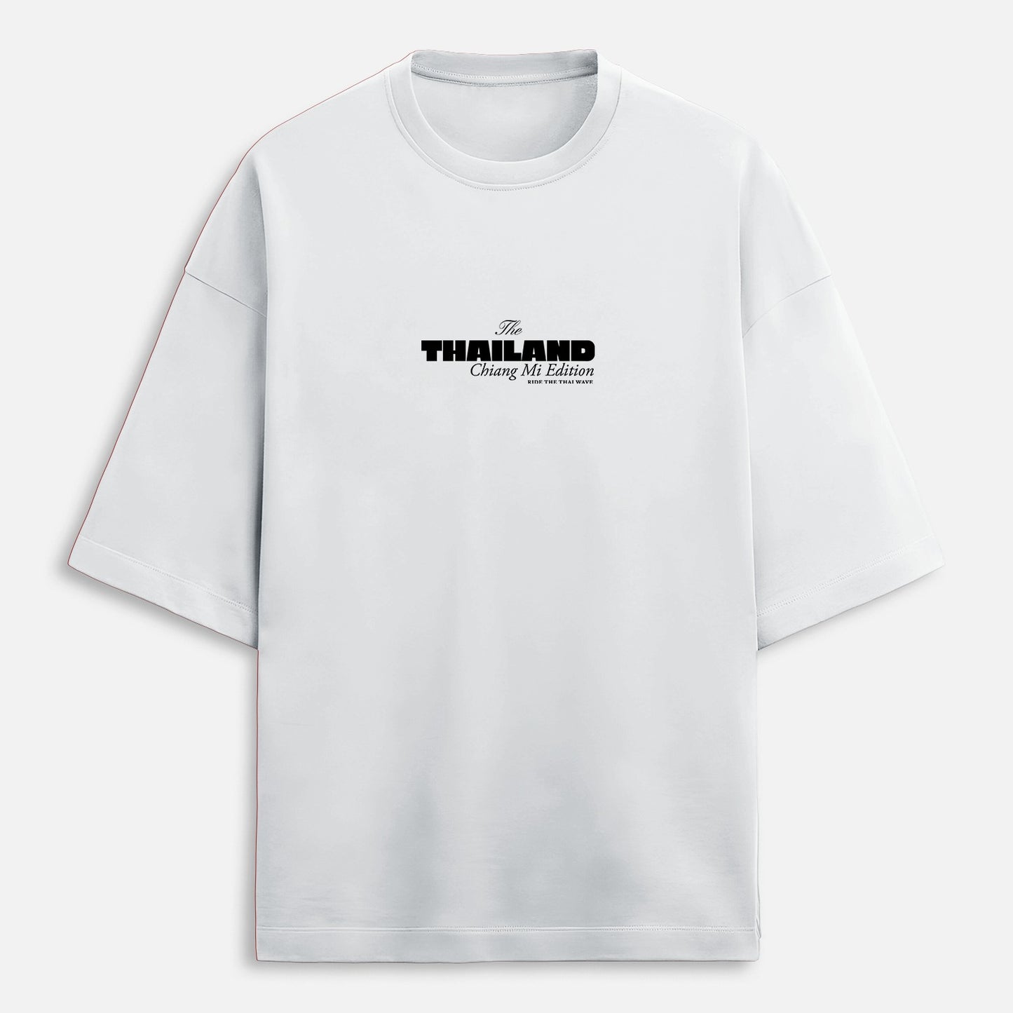 White t-shirt with black text on a white background