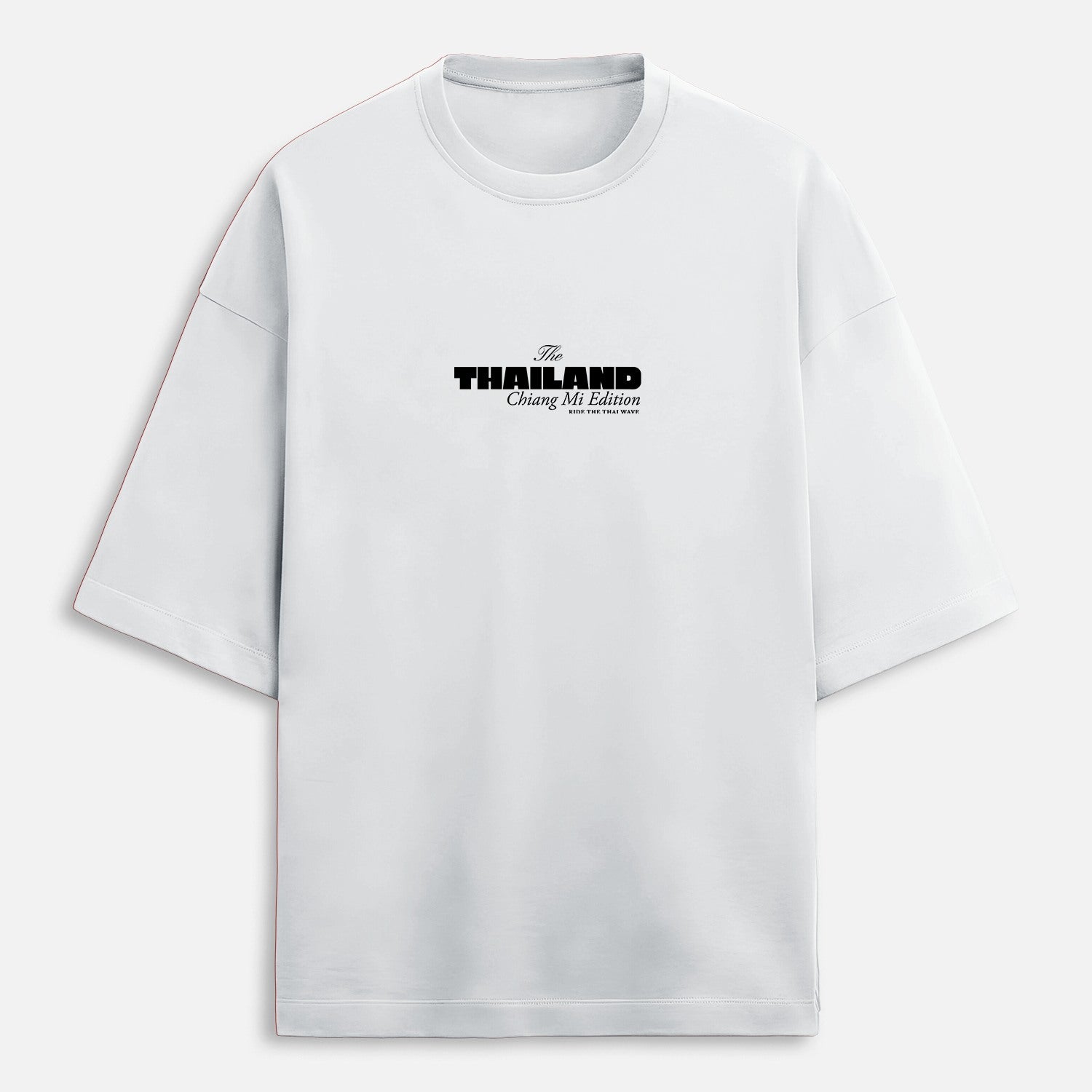 White t-shirt with black text on a white background