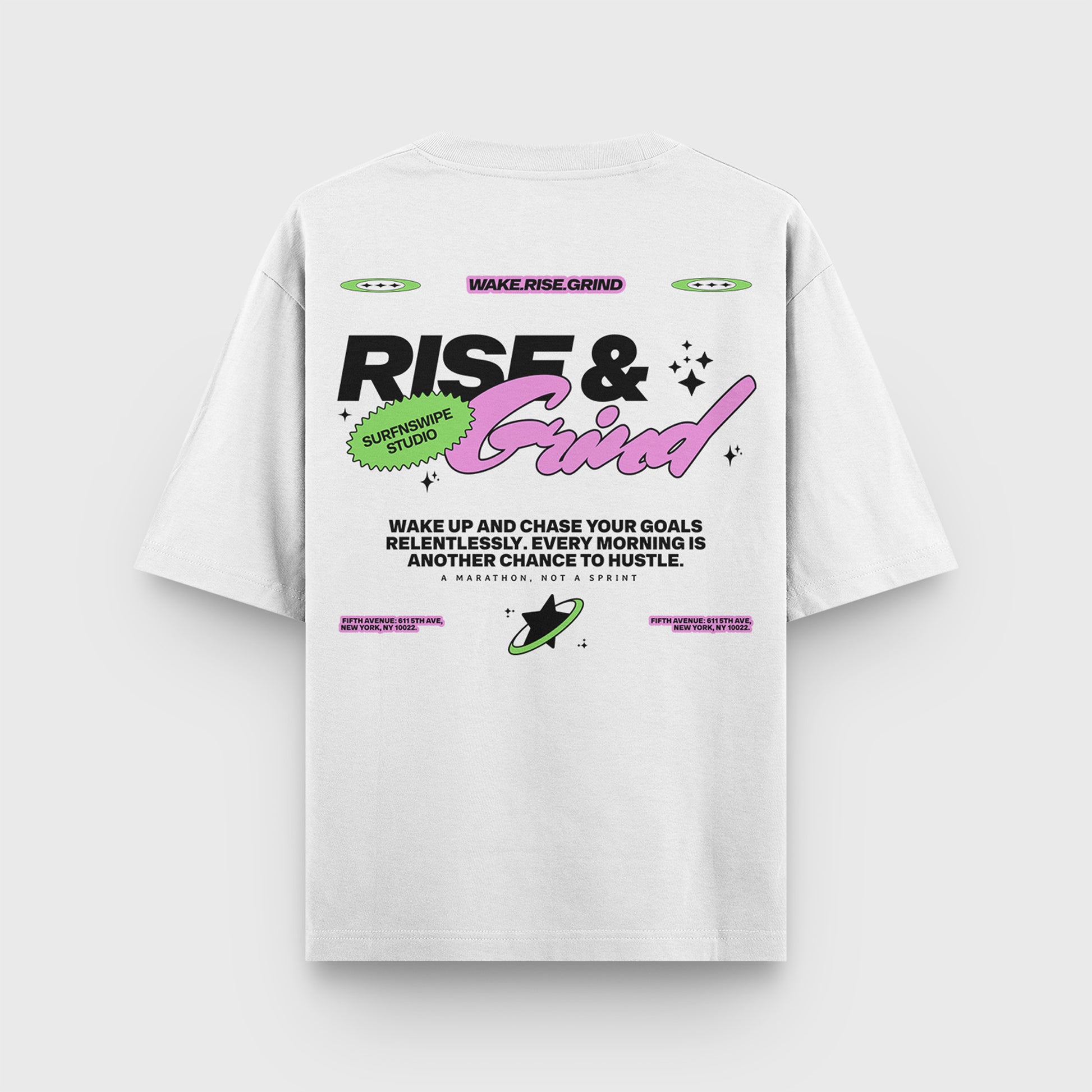  T-shirt with "Rise & Grind" graphic