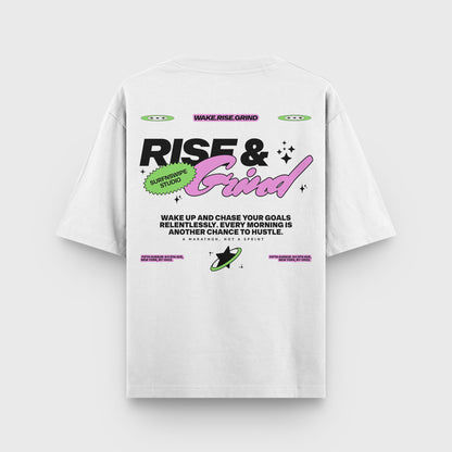 White T-shirt with "Rise & Grind" graphic