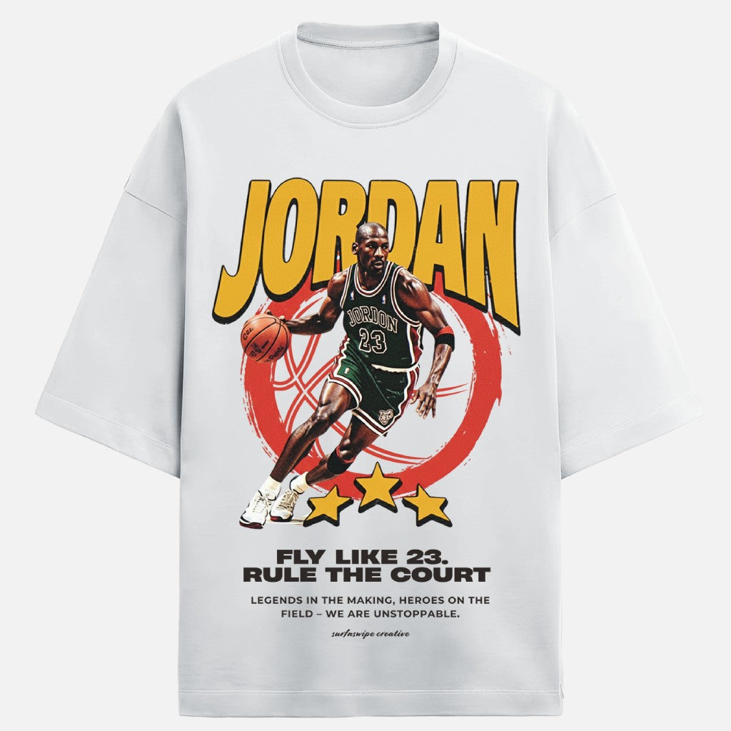 White t-shirt with a graphic of a basketball player and text on a white background
