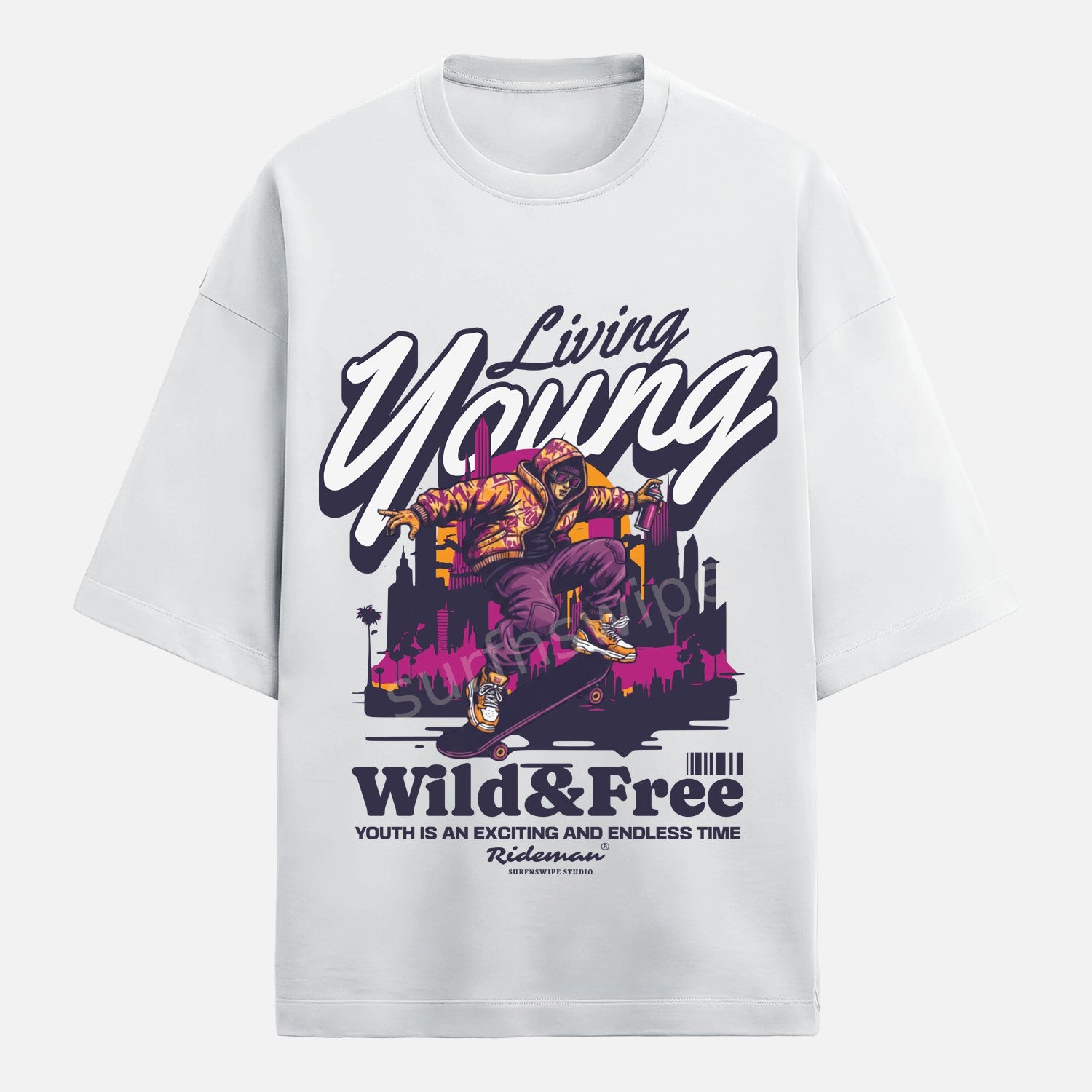 White t-shirt with graphic design featuring a person on a skateboard and text 'Living Young Wild & Free' on a white background.