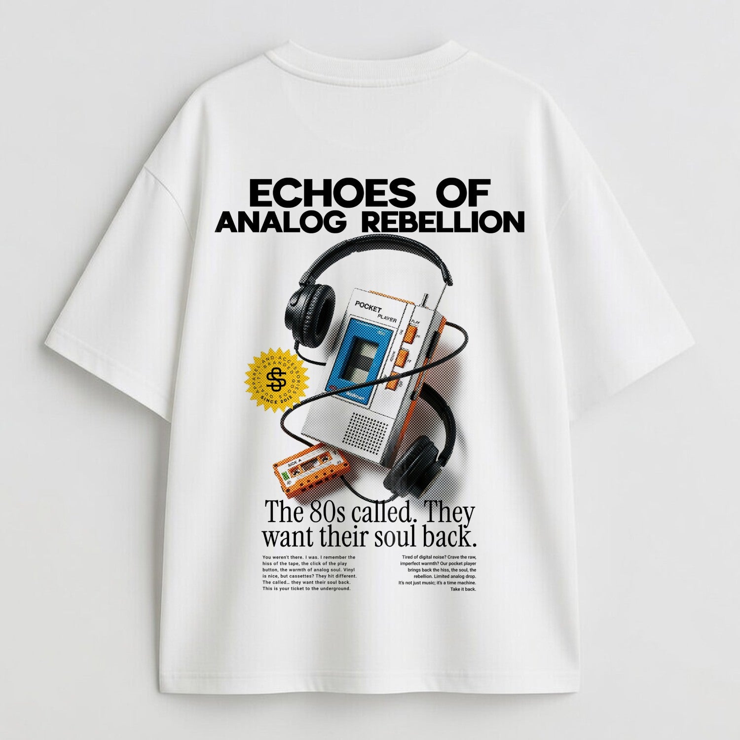 White t-shirt with a graphic design featuring headphones, a cassette player, and text on a white background