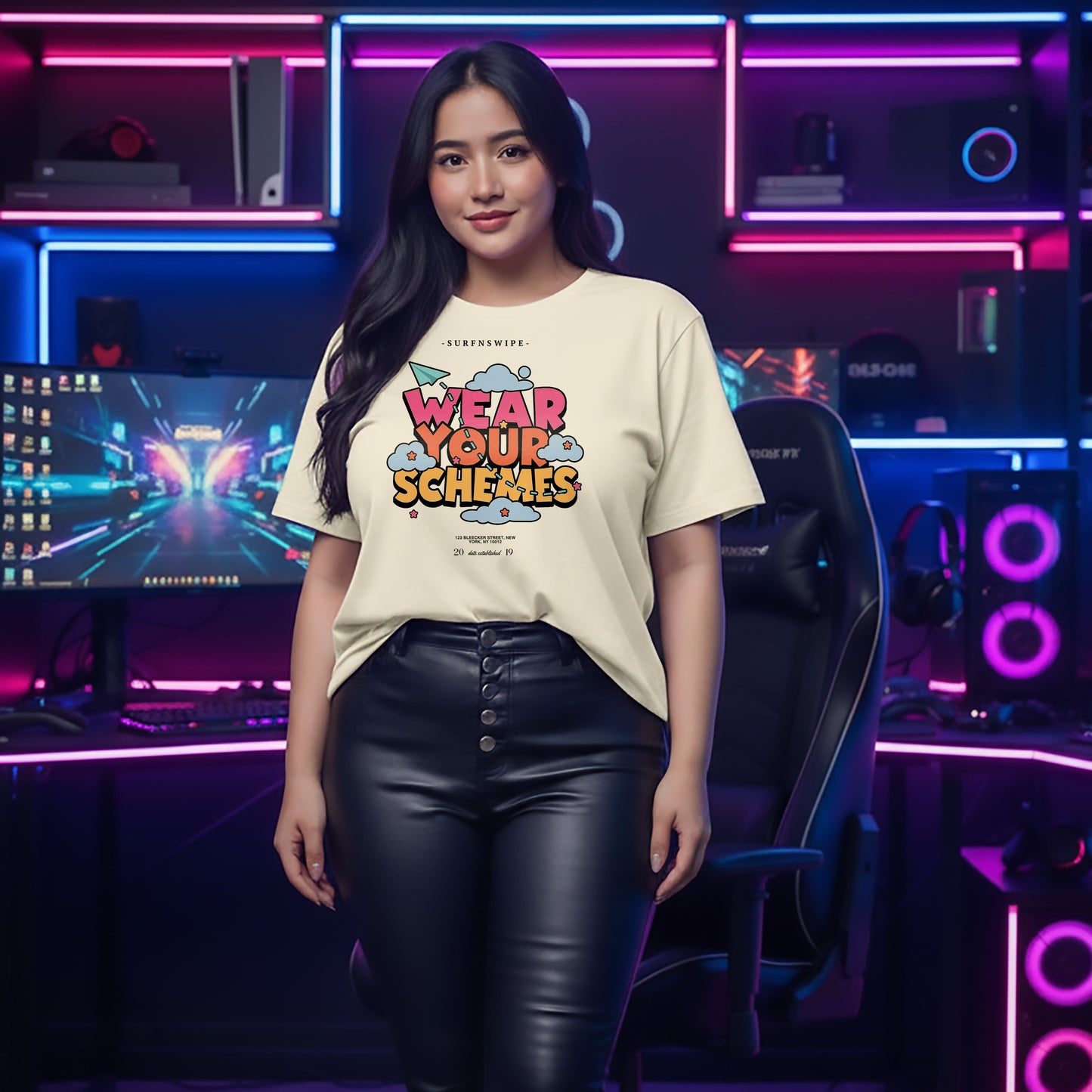 Woman wearing off-white oversized graphic t-shirt with retro Wear Your Schemes print, gaming room background