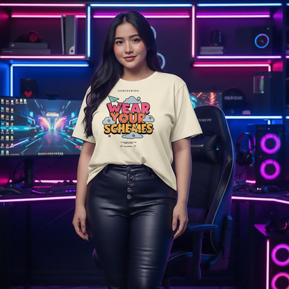 Woman wearing off-white oversized graphic t-shirt with retro Wear Your Schemes print, gaming room background