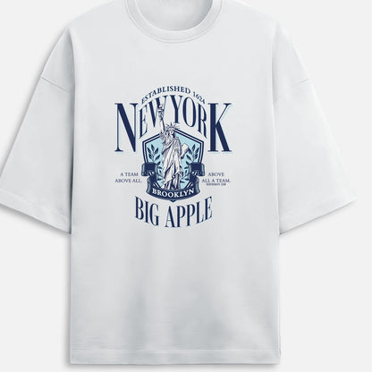 White t-shirt with 'New York Big Apple' graphic design on a white background