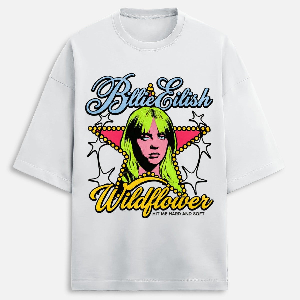 White t-shirt with Billie Eilish graphic design featuring a colorful portrait and text.