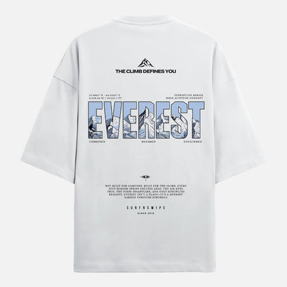 White t-shirt with Everest-themed design on a white background