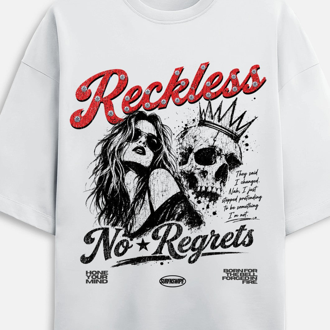 White t-shirt with graphic design featuring a woman, skull, and text on a white background