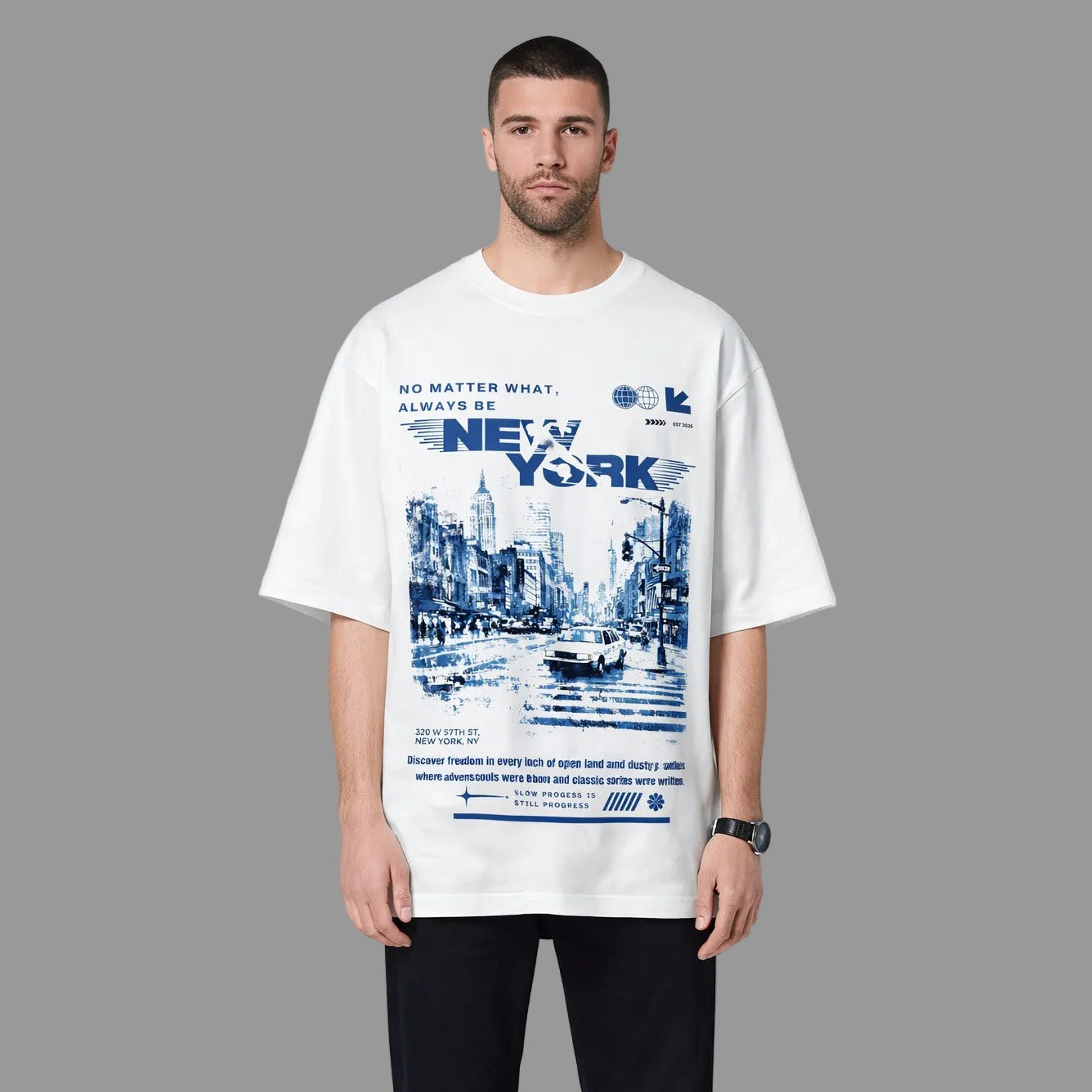 Man wearing a white t-shirt with New York City graphic and text