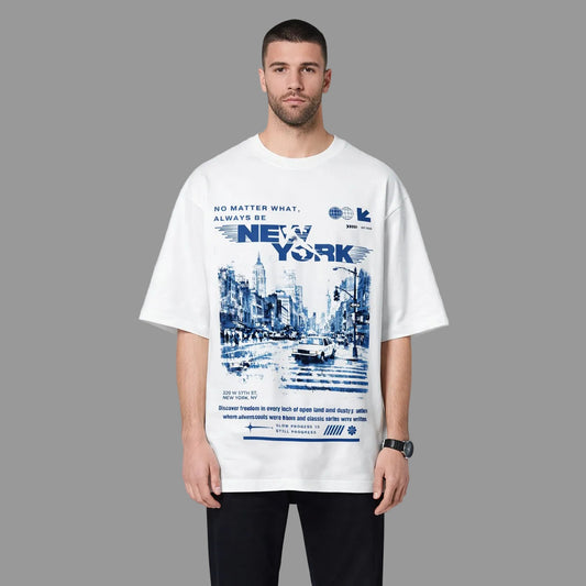 Man wearing a white t-shirt with New York City graphic and text