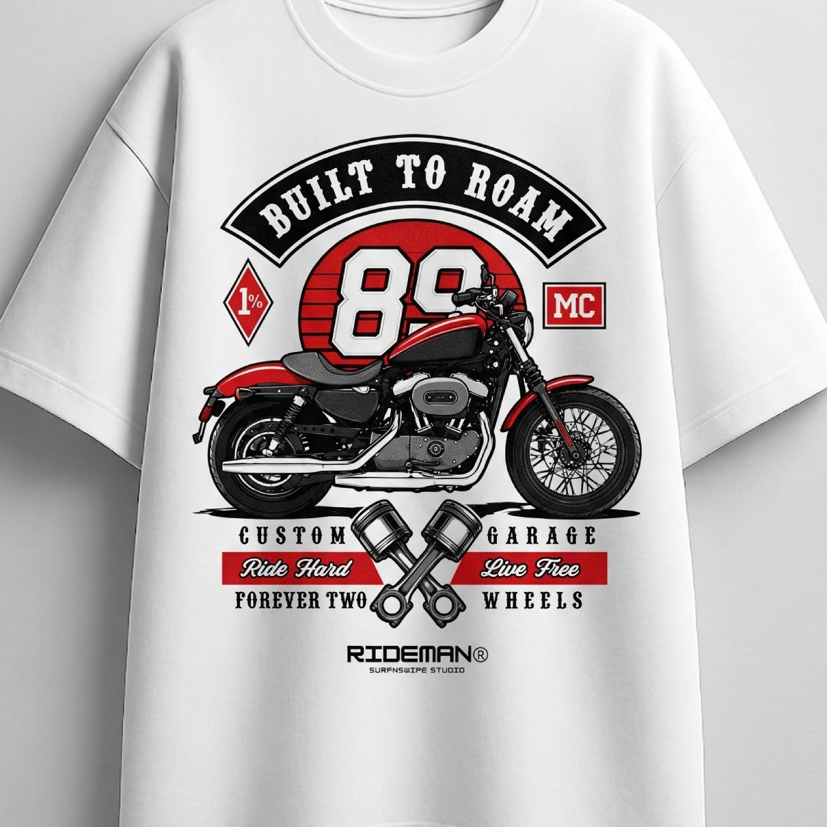White t-shirt with motorcycle graphic and text on a white background
