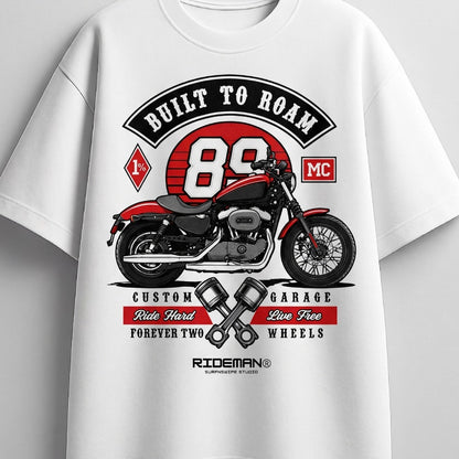 White t-shirt with motorcycle graphic and text on a white background