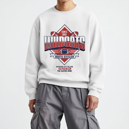 Person wearing a white sweatshirt with 'WILDCATS' design on a white background