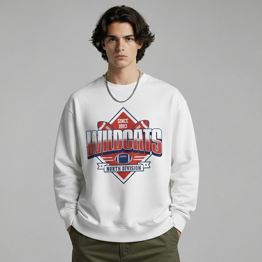 Person wearing a white sweatshirt with 'Widowcats' logo on a gray background