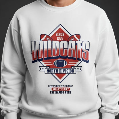 White sweatshirt with 'Wildcats' graphic design on a dark background