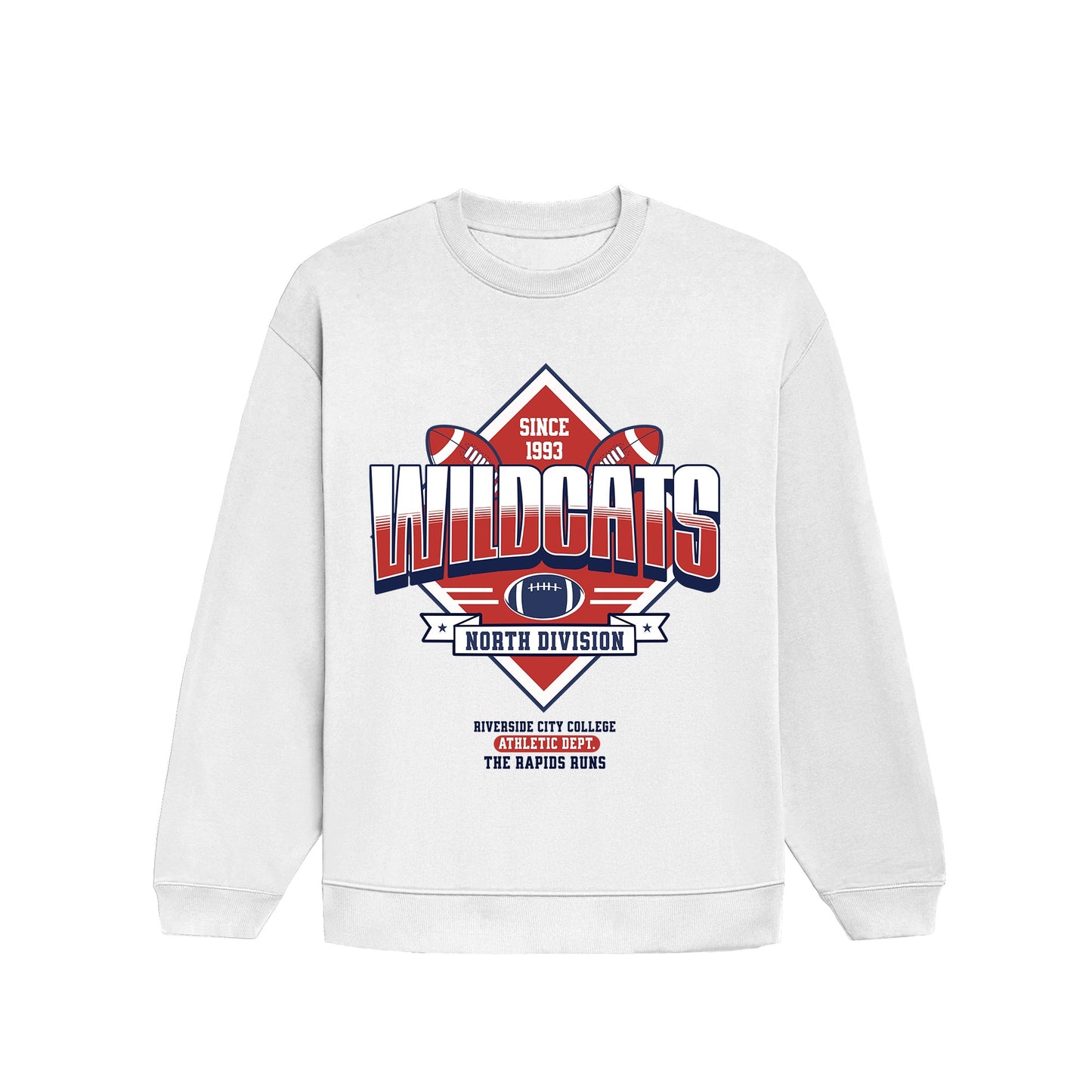 White sweatshirt with 'Wildcats' graphic design on a white background