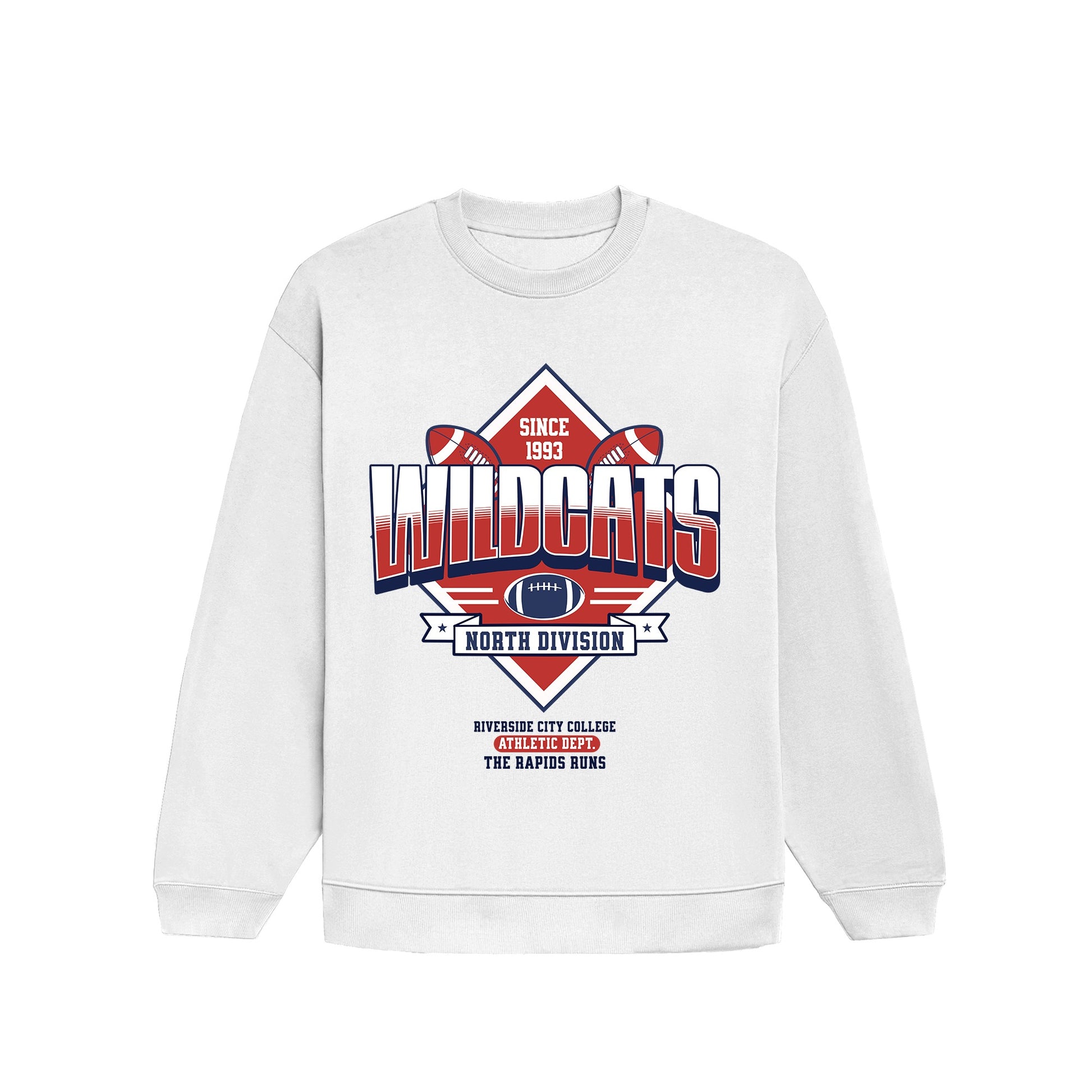 White sweatshirt with 'Wildcats' graphic design on a white background