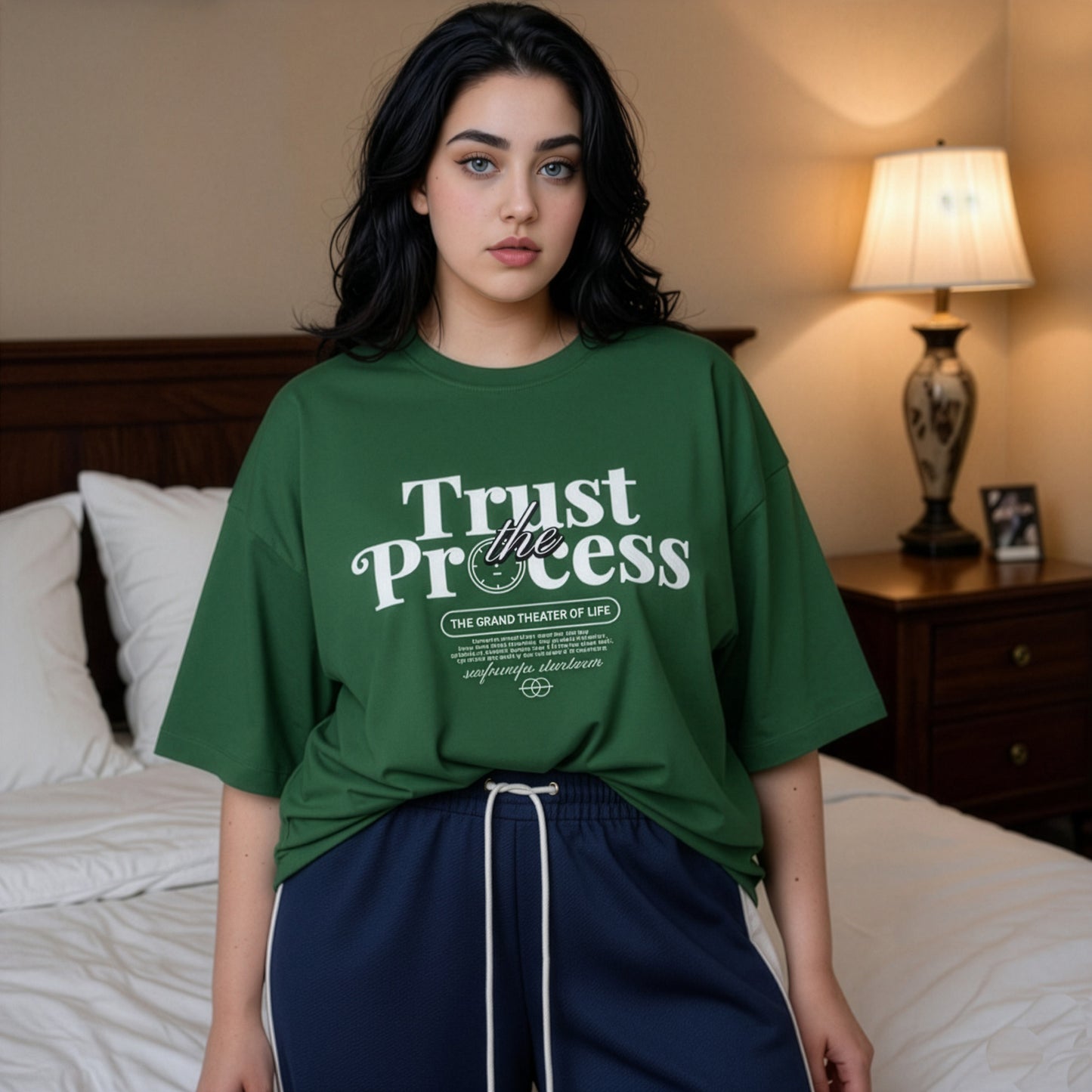 Person wearing a green t-shirt with 'Trust the Process' text in a bedroom setting