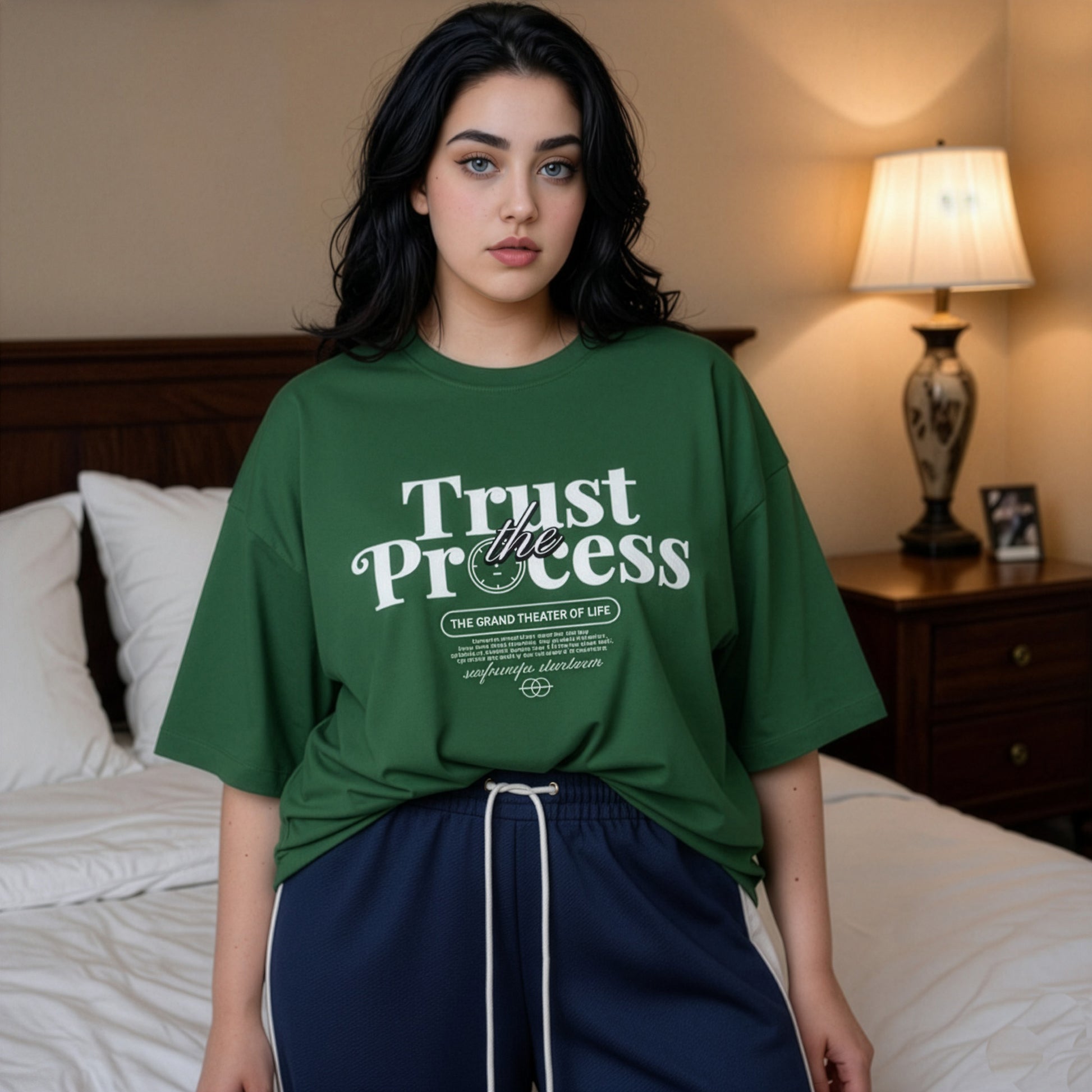 Person wearing a green t-shirt with 'Trust the Process' text in a bedroom setting