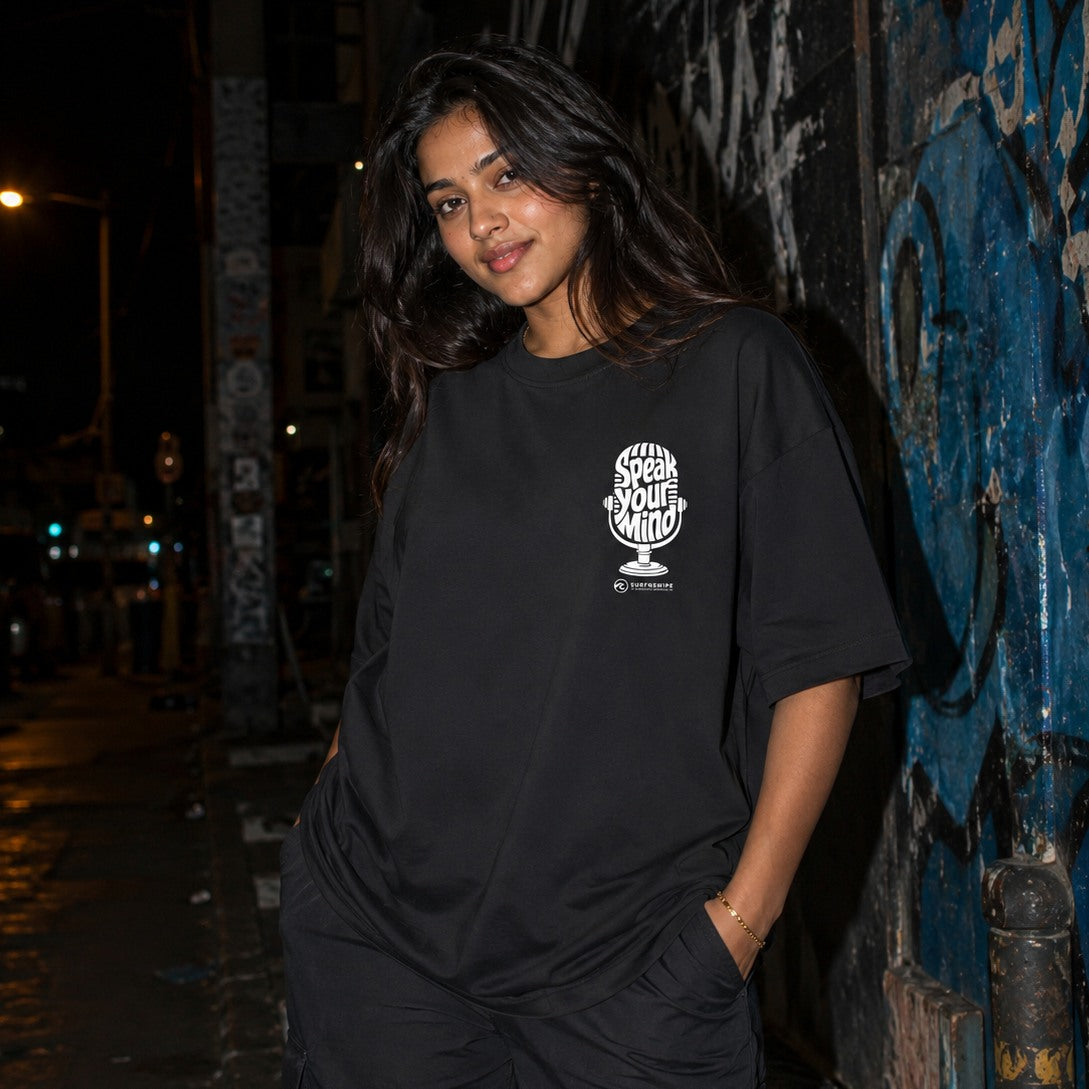 SurfNSwipe Speak Your Mind oversized tee flat lay — 240 GSM cotton black graphic tee India