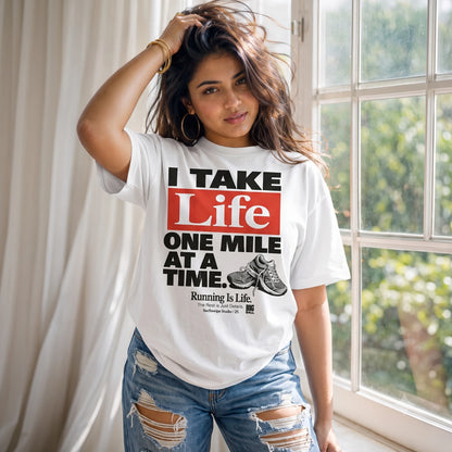 A woman wearing a white graphic t-shirt with the text 'I TAKE Life ONE MILE AT A TIME.' in black and red, paired with distressed blue jeans, standing in front of a window.