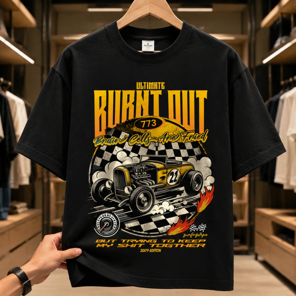 SURFNSWIPE Burnt Out Hot Rod oversized T-shirt in Black with bold yellow hot rod racing graphic and 'Ultimate Burnt Out' print